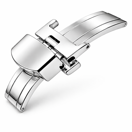 Boucle Déployante Bracelet Montre - Fermoir Papillon Boutons Étroits - Poli Miroir Argent - 1 Pc