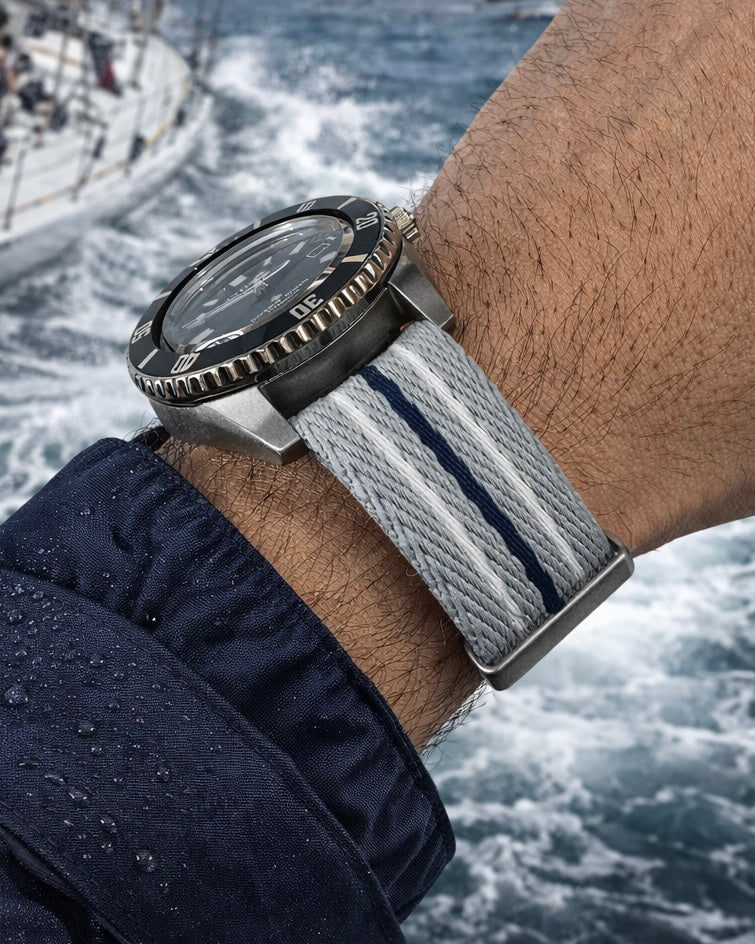 Masar Bracelet montre Nato Gris Bleu Marine Blanc - Nylon tressé 20mm 22mm