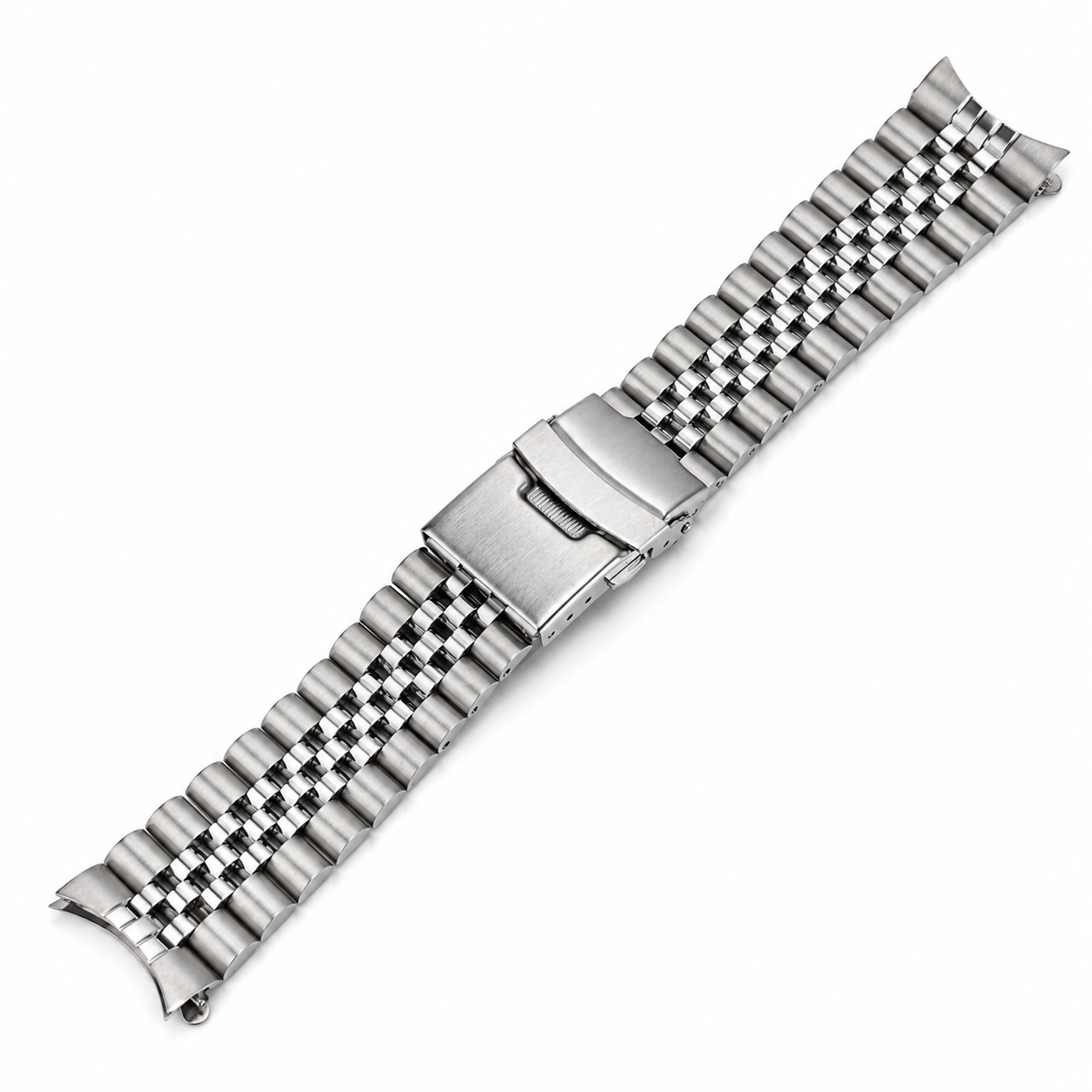 Bracelet Jubilee en acier inoxydable compatible Seiko 5 et Seiko SKX, avec 3 rangées de maillons centraux polis miroir et 2 rangées de maillons extérieurs brossés, fermoir déployant sécurisé.