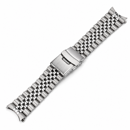 Bracelet Jubilee en acier inoxydable compatible Seiko 5 et Seiko SKX, avec 3 rangées de maillons centraux polis miroir et 2 rangées de maillons extérieurs brossés, fermoir déployant sécurisé.