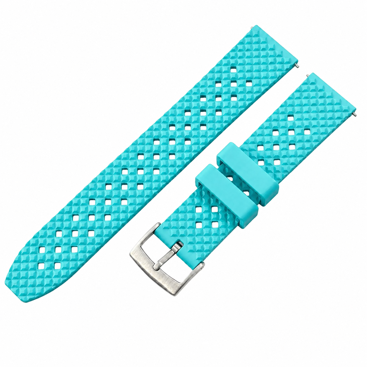 Bracelet de montre bleu turquoise en caoutchouc FKM Tropical Croco Grid avec boucle en acier inoxydable et pompe à dégagement rapide.
