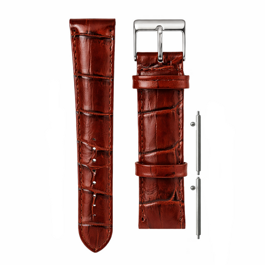 Cinturino per Orologio in Pelle Italiana Marrone - Rapido, Grana Coccodrillo - Alta Lucentezza