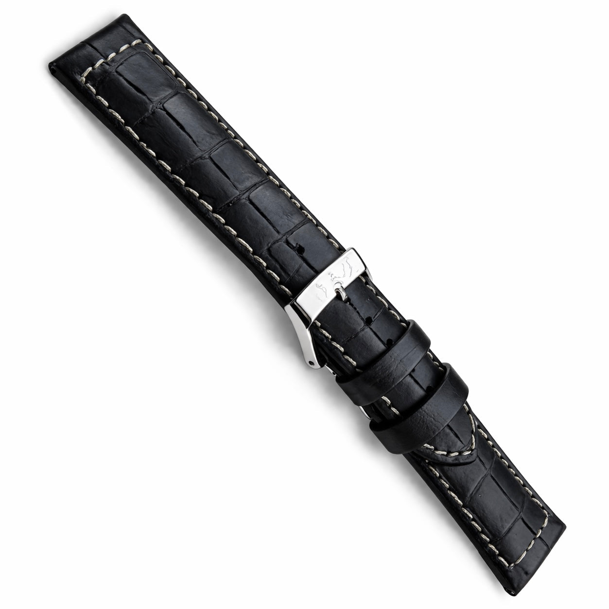 Black Leather Watch Strap - Alligator Grain - Thk 5.0mm - Topstitching