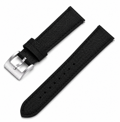 Bracelet montre en cuir véritable noir finition Saffiano avec dégagement rapide et boucle acier inoxydable.
