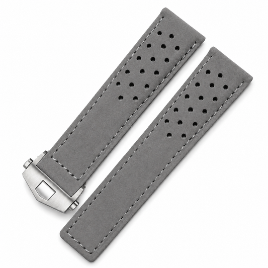 Masar Bracelet Montre Cuir Suède (Daim) - Gris Souris - Boucle Déployante - Universel
