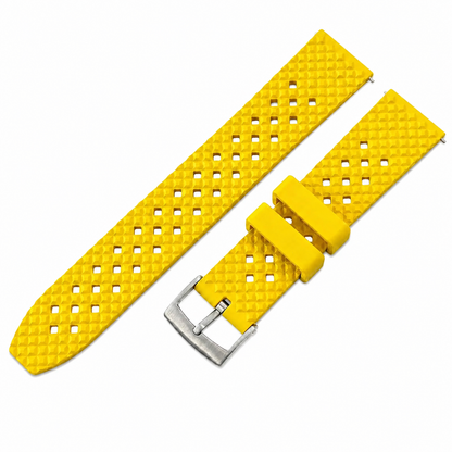 Bracelet de montre jaune en caoutchouc FKM Tropical Croco Grid avec boucle en acier inoxydable et pompe à dégagement rapide.