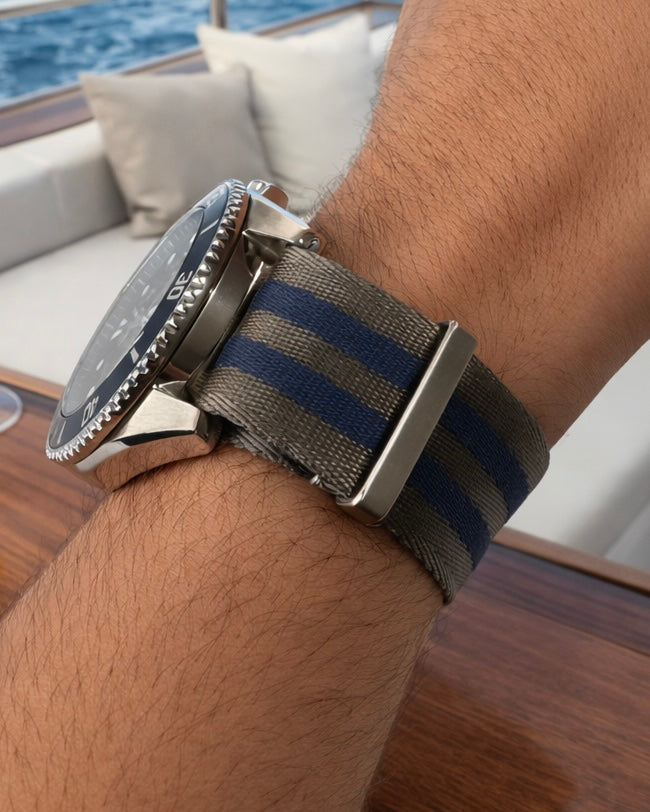 Masar Bracelet Montre Bracelet de Montre NATO Nylon Gris / Bleu / Boucle Satin - Souple - Homme