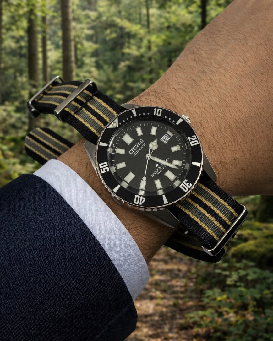 Cinturino Nato 20mm James Bond Nero / Grigio / Sabbia - Nylon morbido intrecciato