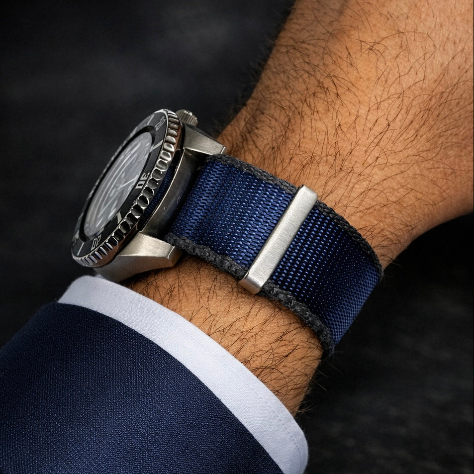 Bracelet de Montre NATO Nylon Bleu / Gris foncé / Boucle Satin - Homme