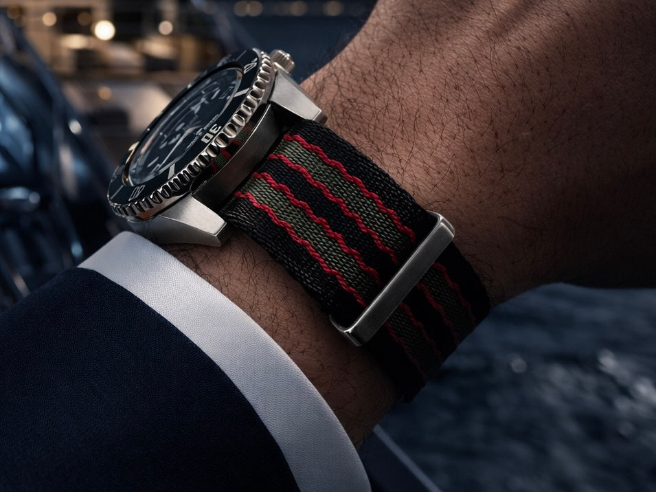 Masar Bracelet Montre Nato James Bond Noir Rouge Vert - Nylon doux tressé
