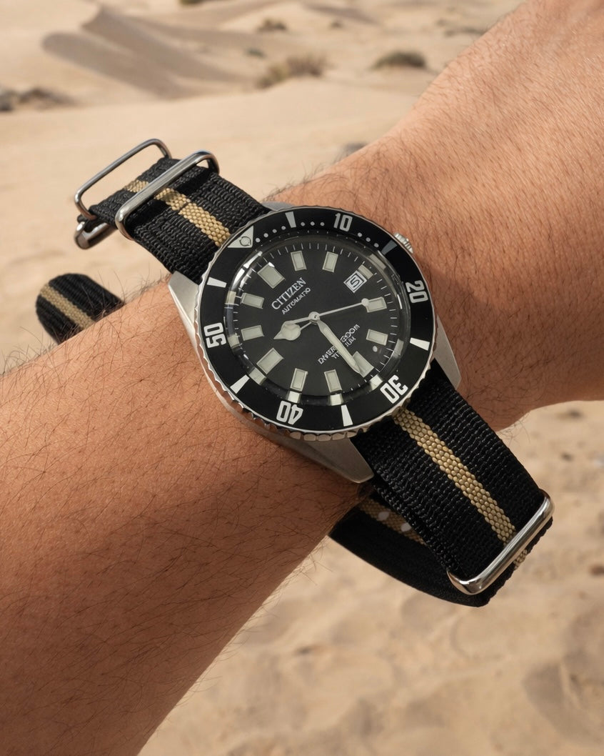 Masar Bracelet montre Nato Noir / Khaki - Hybride Tissu Nylon / Silicone