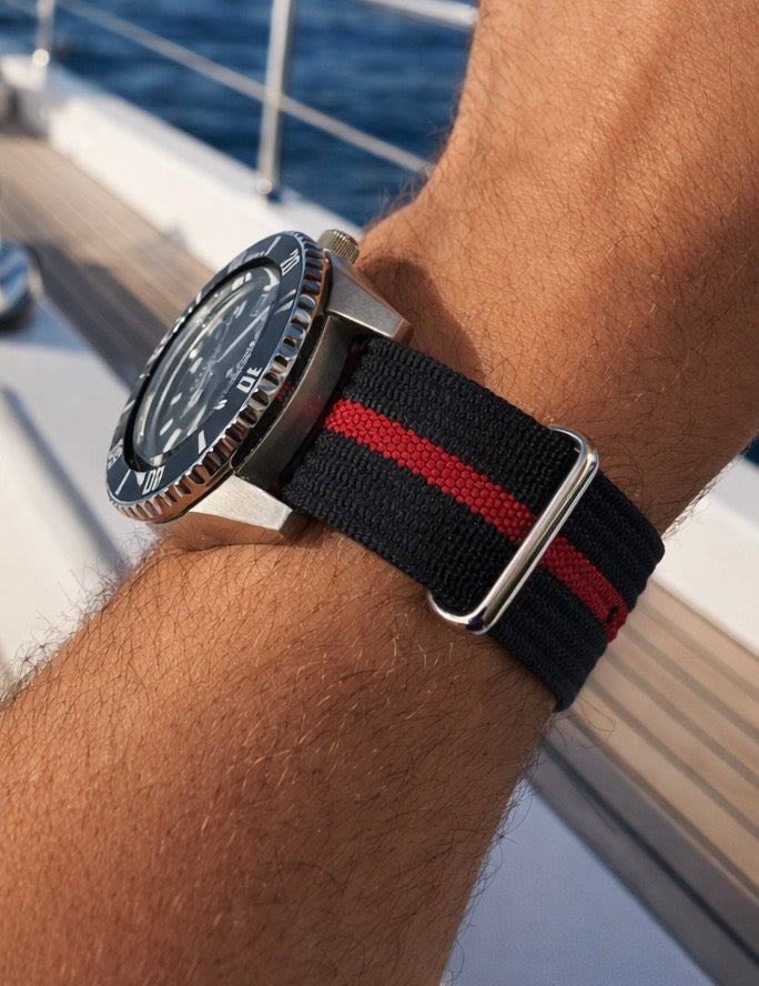 Masar Bracelet montre Nato Noir Rouge - Hybride Tissu Nylon / Silicone