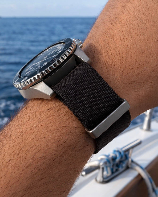 Masar Bracelet montre NATO Nylon Noir / Boucle Satin - Souple - Homme