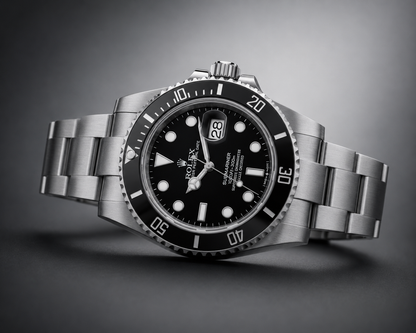 Rolex Submariner 116610 avec bracelet Oyster entièrement brossé sur fond sombre dégradé gris.