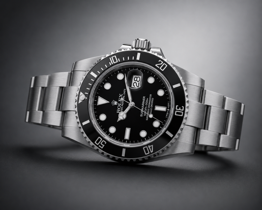 Rolex Submariner 116610 avec bracelet Oyster entièrement brossé sur fond sombre dégradé gris.