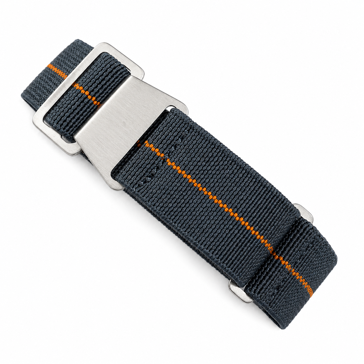 Bracelet parachute élastique inspiré des sangles PLD de la Marine française, coloris gris anthracite avec bande orange et boucle en acier inoxydable pour montre militaire.