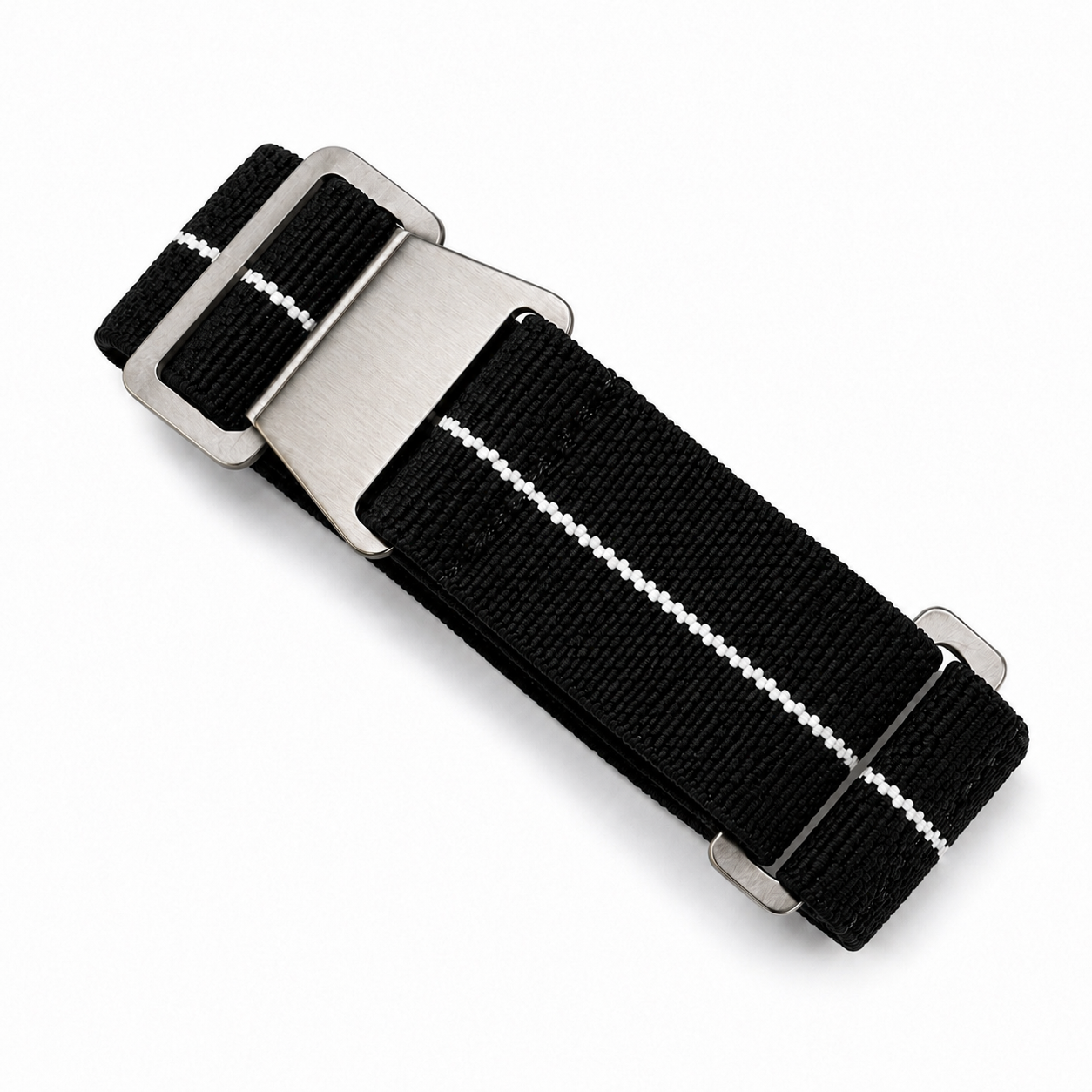 Bracelet parachute pour montre PLD noir avec ligne blanche centrale en nylon élastique et boucle en acier inoxydable pour montre militaire et montre de plongée.