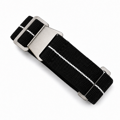 Bracelet parachute pour montre PLD noir avec ligne blanche centrale en nylon élastique et boucle en acier inoxydable pour montre militaire et montre de plongée.
