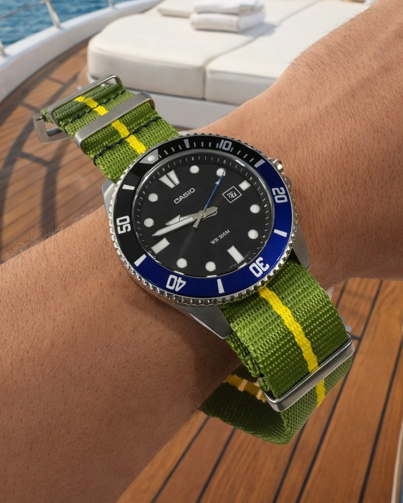 Masar Cinturino per Orologio NATO Nylon Verde/Giallo - Fibbia in Acciaio Spazzolato – Uomo