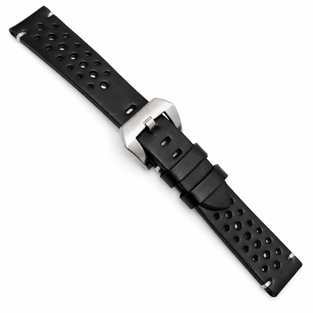 Black Leather Watch Strap - Rally Perforated - 4.0mm Padding - Universal