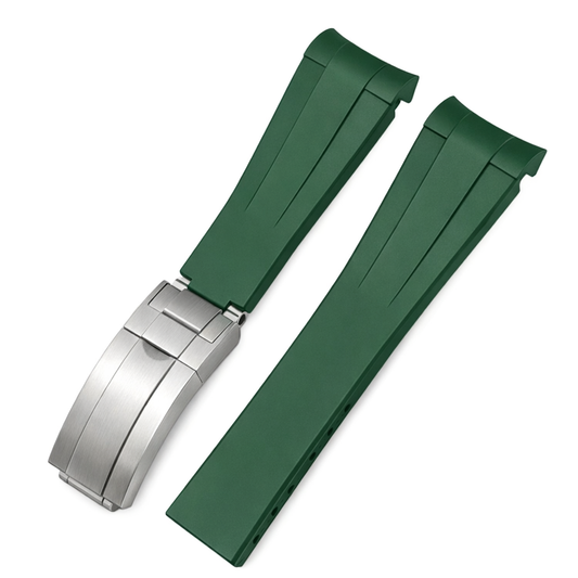 Masar Bracciale Orologio in Gomma per Rolex - Verde - Chiusura Déployante Acciaio Spazzolato
