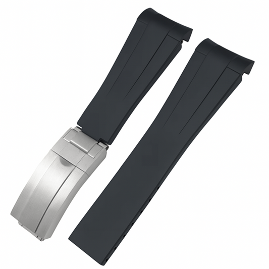 Masar Bracelet Montre en caoutchouc pour Rolex - Noir - Boucle Déployante Acier Brossé