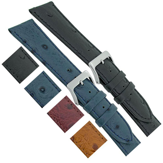 Masar 12mm à 20mm Autruche - Cuir Bovin - Bracelet de Montre - Boucle Argent - Rembourrage 3,6 mm
