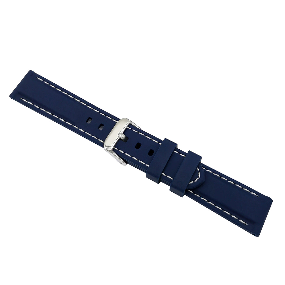 Premium Silicone Blu / con Cuciture Bianche / Fibbia Argentata - Cinturino Orologio Uomo - Spessore 5,8mm 