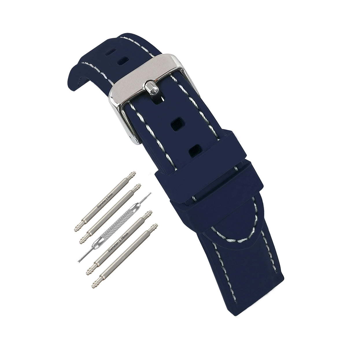 Premium Silicone Blu / con Cuciture Bianche / Fibbia Argentata - Cinturino Orologio Uomo - Spessore 5,8mm 