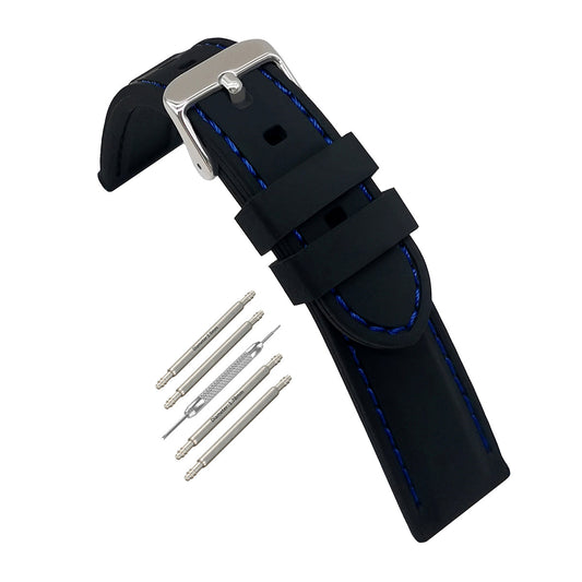 Correa de reloj Masar Premium de silicona negra con costuras azules y hebilla plateada para hombre, grosor 5,8 mm