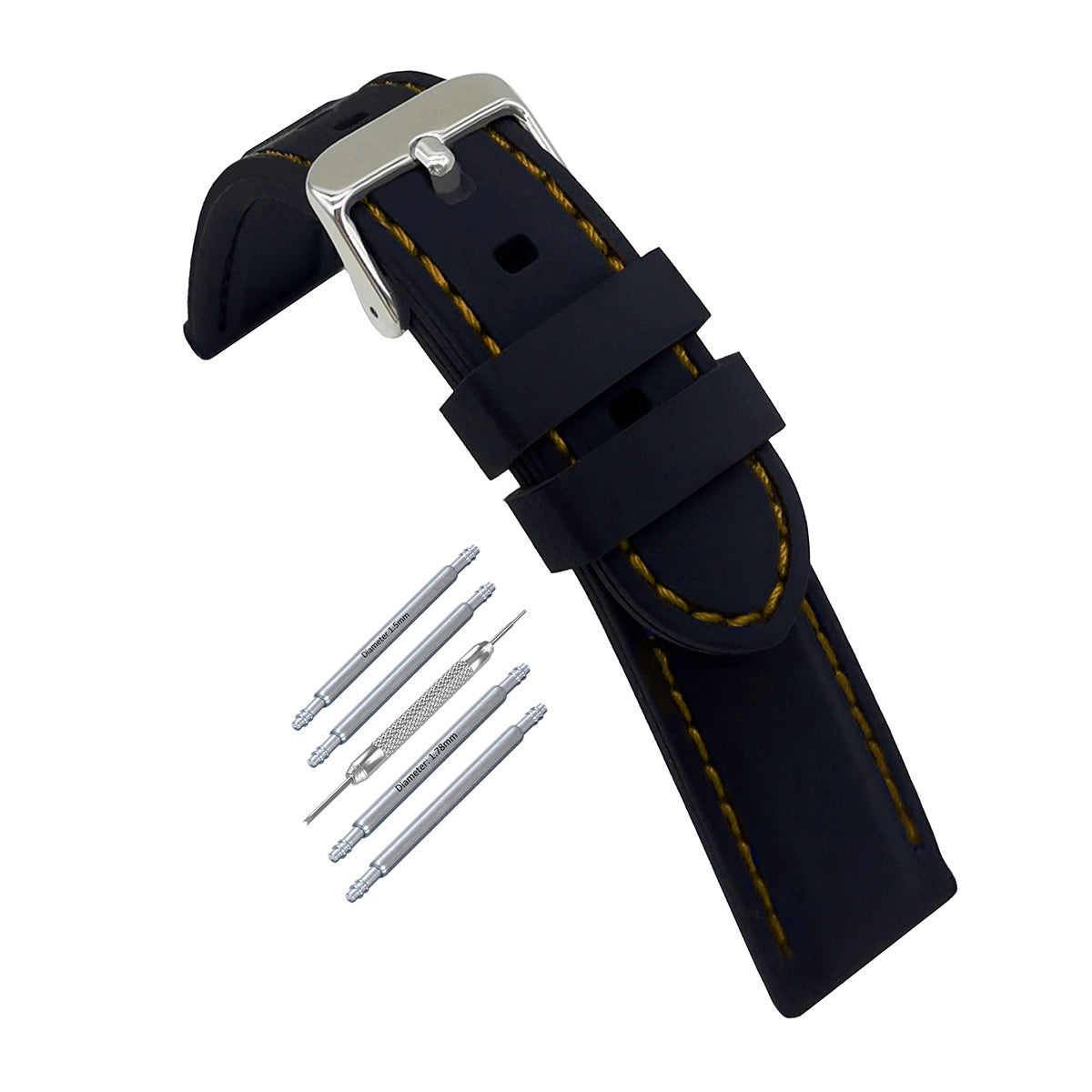 Masar Premium Silicone Noir / avec surpiqûres Jaune / Boucle Argent - Bracelet de montre Homme - Épaisseur 5,8mm