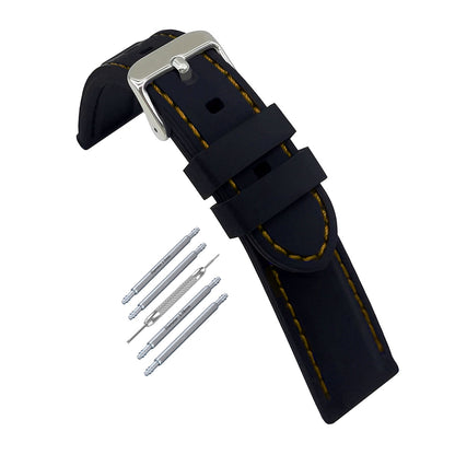 Masar Premium Silicone Noir / avec surpiqûres Jaune / Boucle Argent - Bracelet de montre Homme - Épaisseur 5,8mm