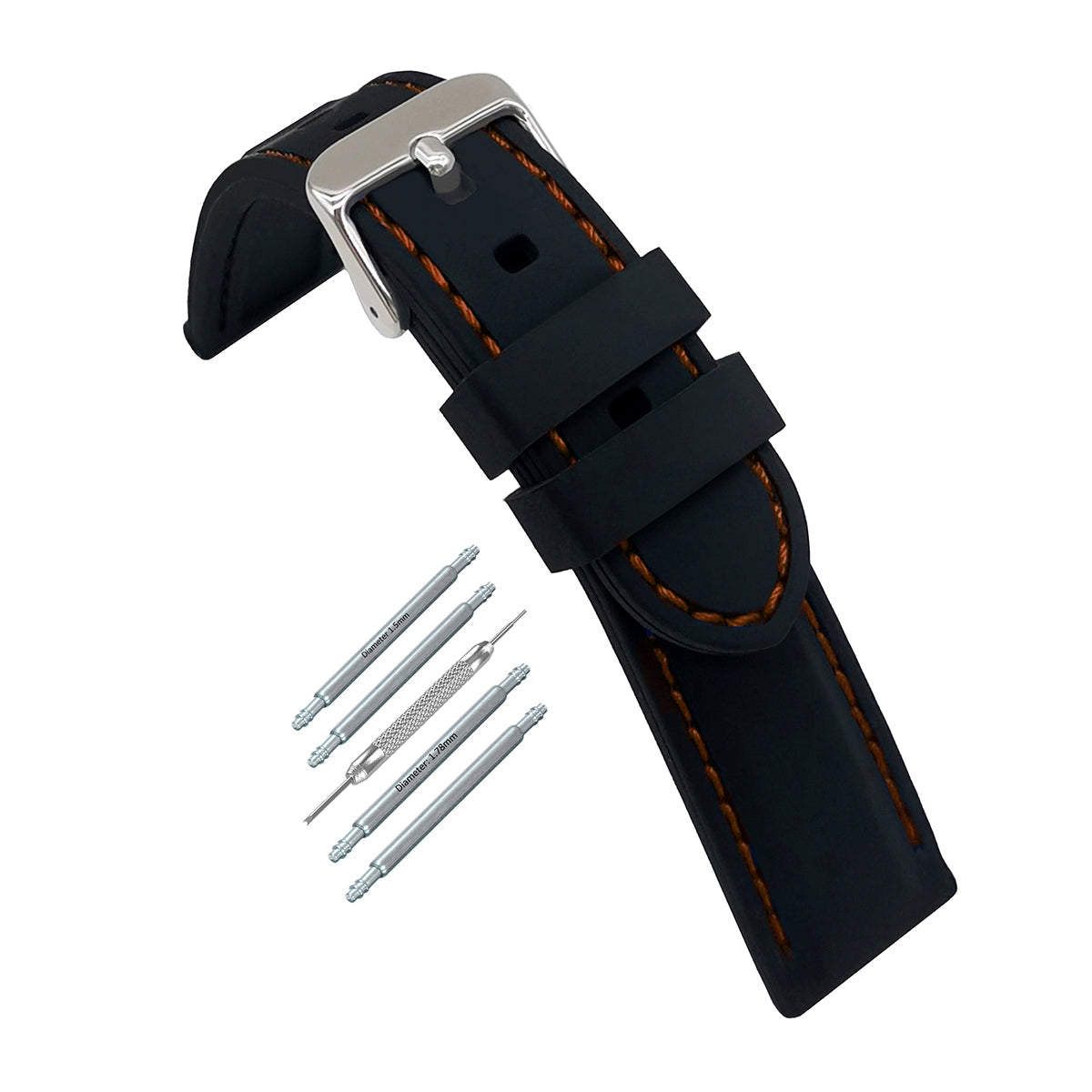Masar Premium Silicone Noir / avec surpiqûres Orange / Boucle Argent - Bracelet de montre Homme - Épaisseur 5,8mm