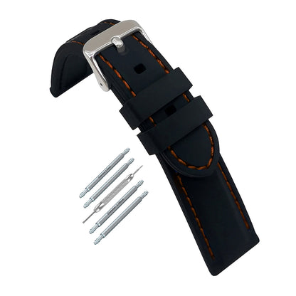 Premium Black Silicone / with Orange Stitching / Silver Buckle - Men's Watch Strap - Thickness 5.8mm