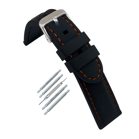 Premium Silicone Noir / avec surpiqûres Orange / Boucle Argent - Bracelet de montre Homme - Épaisseur 5,8mm