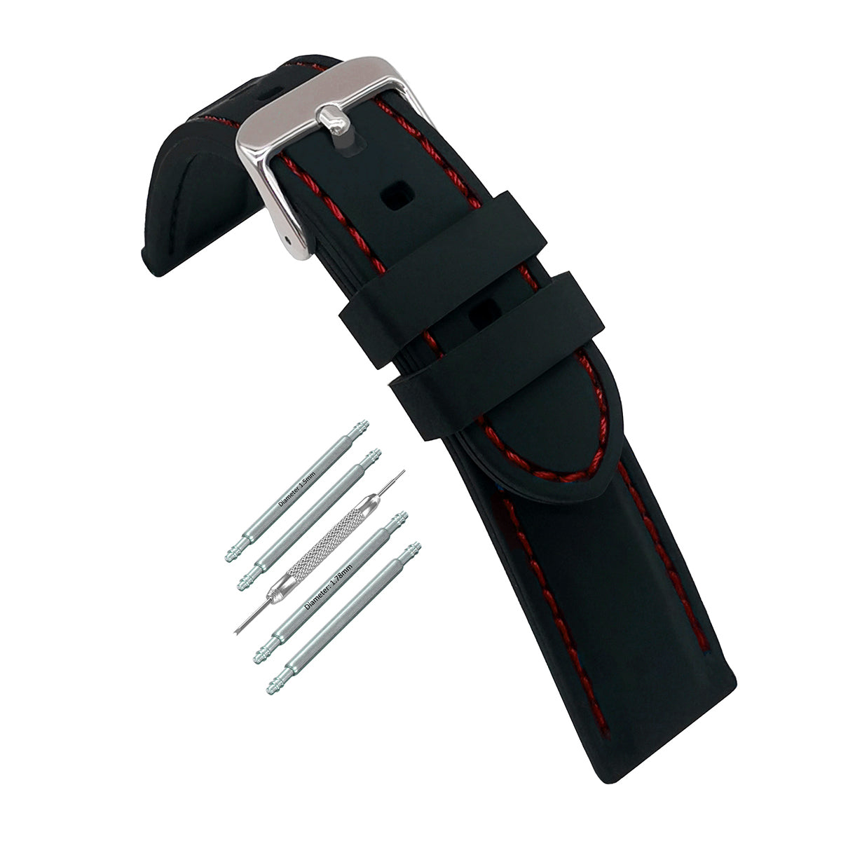 Masar Premium Silicone Noir / avec surpiqûres Rouge / Boucle Argent - Bracelet de montre Homme - Épaisseur 5,8mm