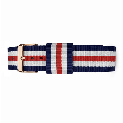 Masar Canterbury Blue-White-Red Nylon NATO Watch Strap - Rose Gold Buckle