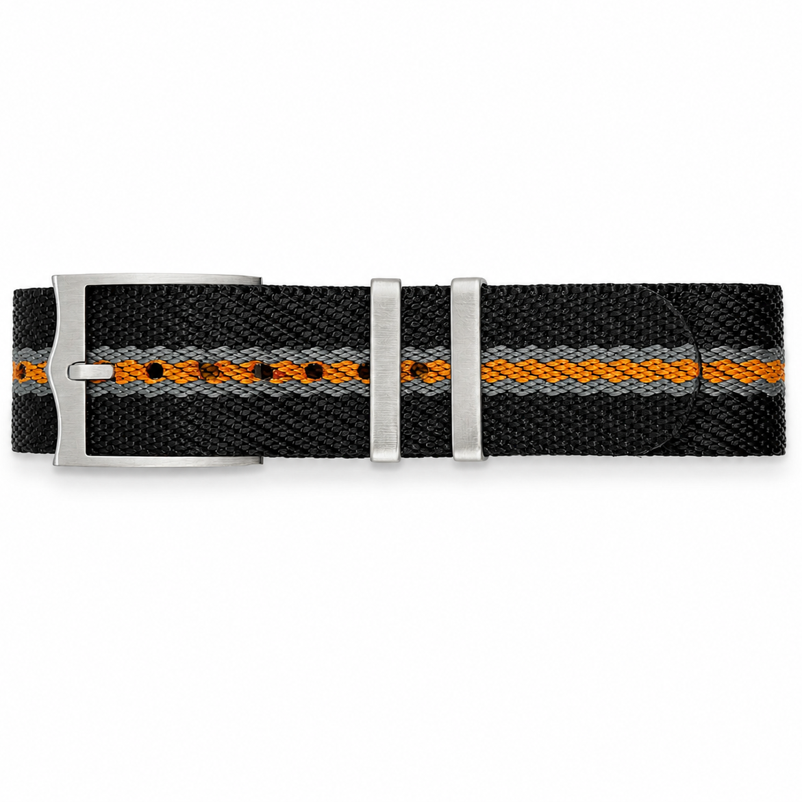 Black NATO watch strap with grey center stripe in braided nylon rope style