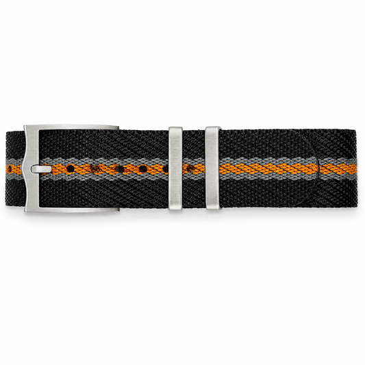 Black NATO watch strap with grey center stripe in braided nylon rope style
