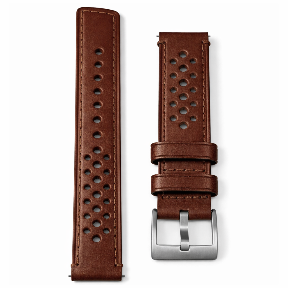 Dark Brown Perforated Rally Leather Watch Strap - Quick Release - Universal