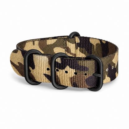 Daguet desert camouflage NATO ZULU nylon watch strap with black stainless steel buckles.