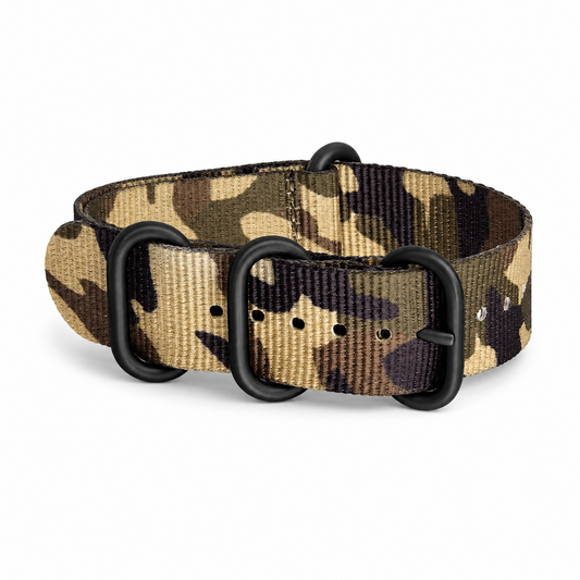 Daguet desert camouflage NATO ZULU nylon watch strap with black stainless steel buckles.