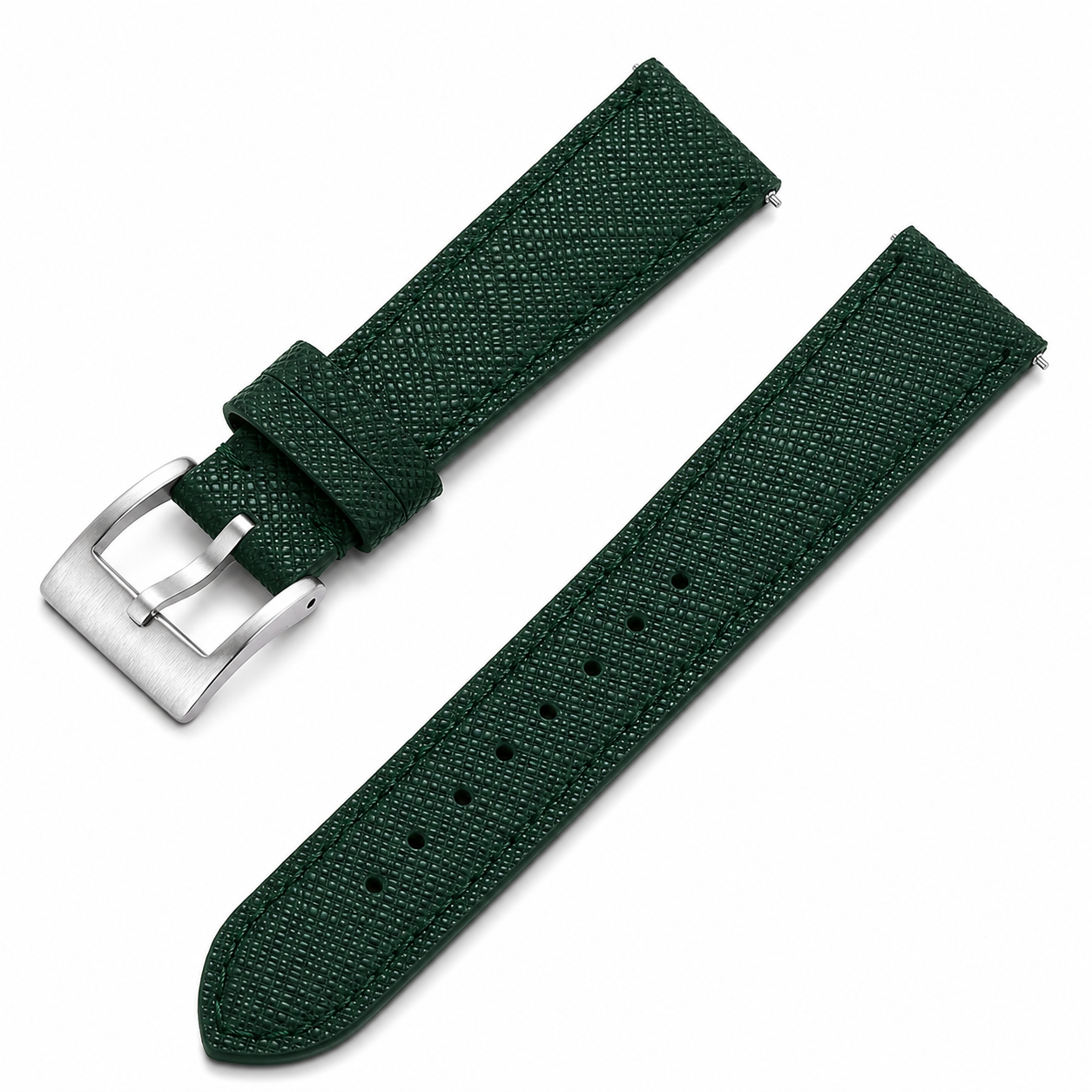 Green genuine leather watch strap with Saffiano texture, stainless steel buckle and quick-release spring bars. Compatible with men's and women's watches.