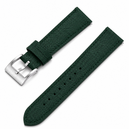 Green genuine leather watch strap with Saffiano texture, stainless steel buckle and quick-release spring bars. Compatible with men's and women's watches.