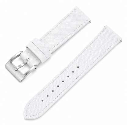 White genuine leather watch strap with Saffiano texture, stainless steel buckle and quick-release spring bars. Compatible with men's and women's watches.