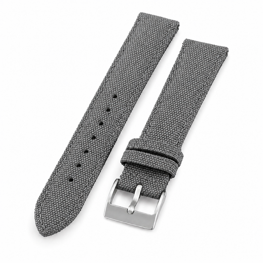 Graues Segelstoff-Uhrenarmband mit Schnellwechselsystem und Edelstahlschließe.