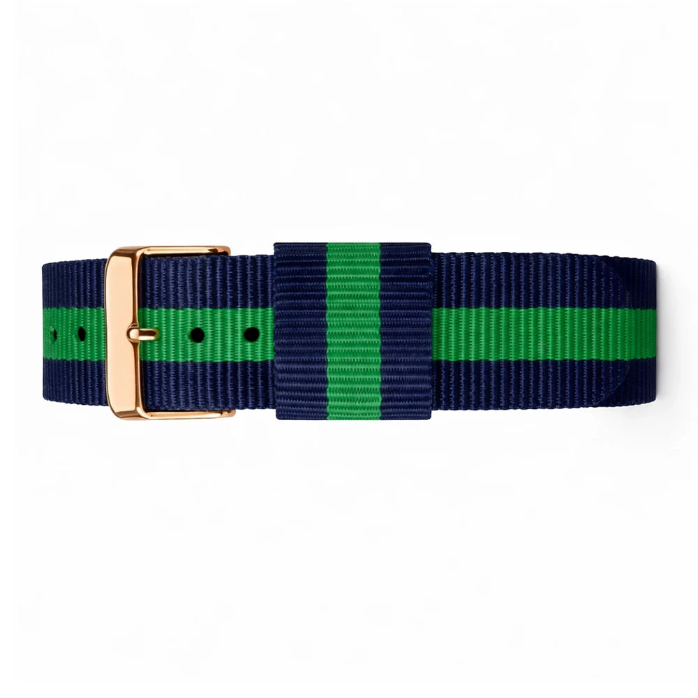 Masar Bracelet Montre NATO Nylon Bleu-Vert - Warwick - Boucle Doré Or Rose