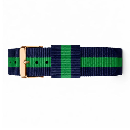 Masar NATO Nylon Watch Strap, Blue-Green - Warwick - Rose Gold Buckle