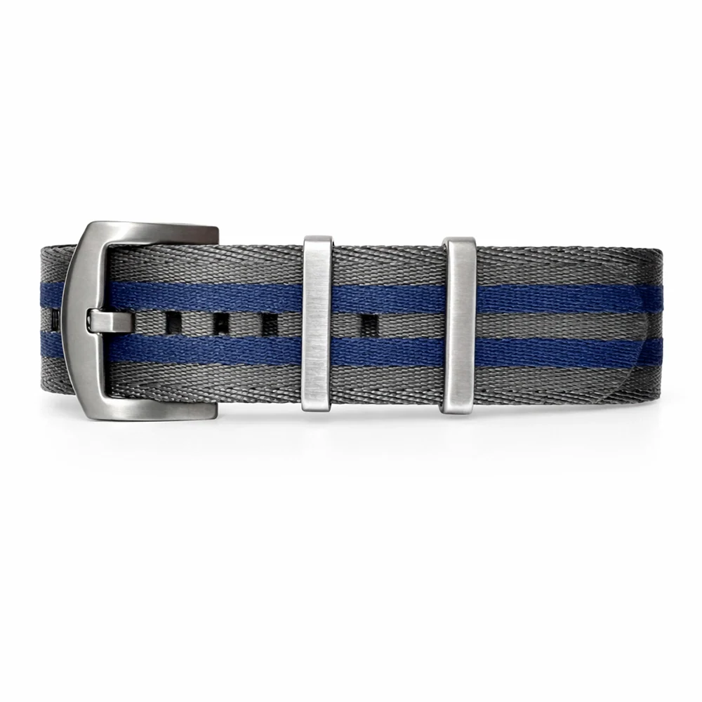Masar Bracelet de Montre NATO Nylon Gris / Bleu / Boucle Satin - Souple - Homme