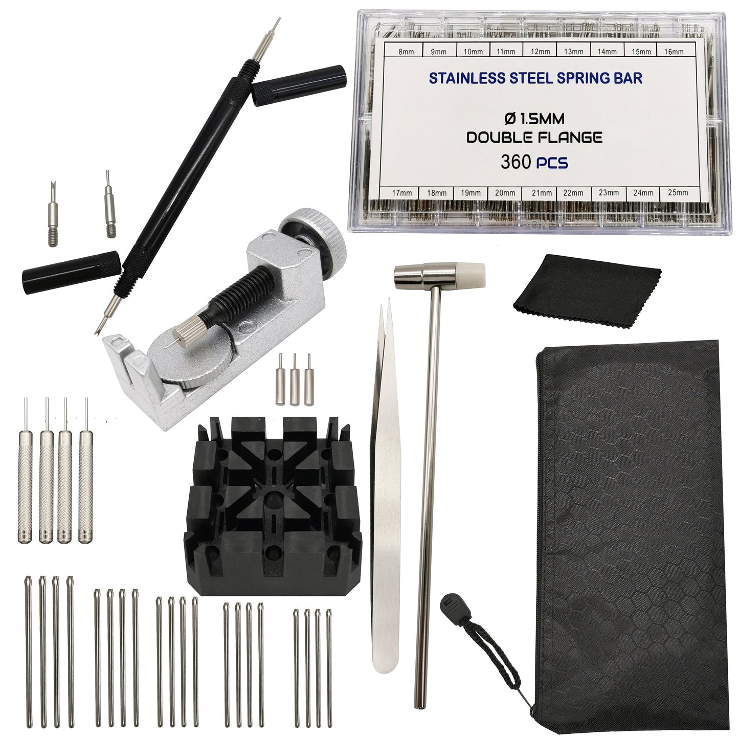 Kit - Utensili Riparazione - Maglie - Bracciali Orologio - 360 Pz barrette a molla e perni a spacco